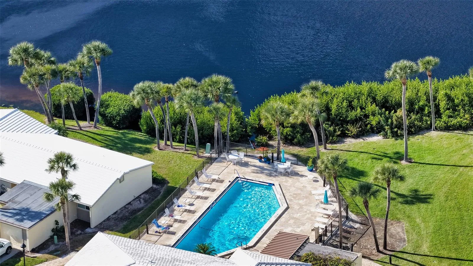 Aerial view of the heated clubhouse pool, one of two pools on the property.