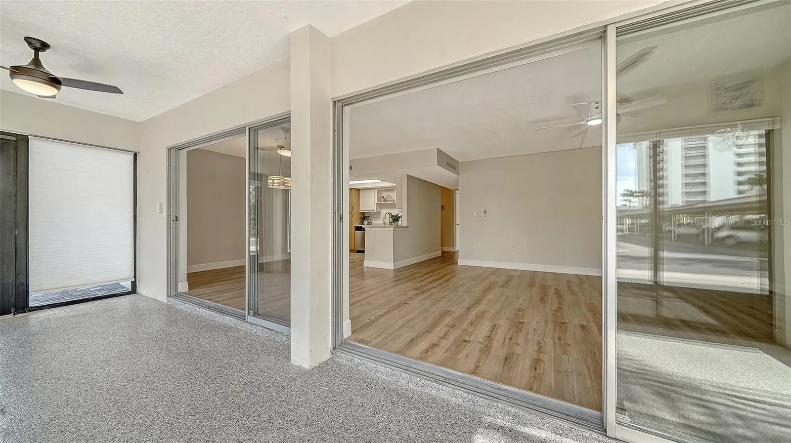 Looking back through the sliders into the Living and Dining Rooms.