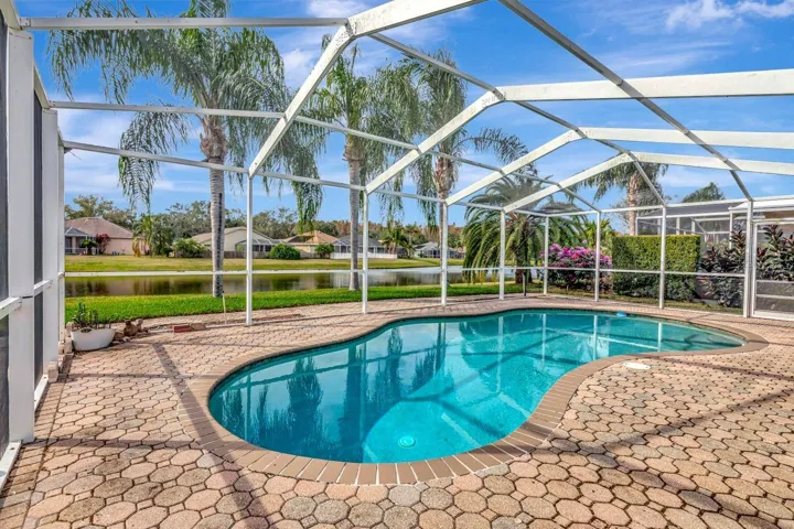 Pool with water view framed by queen palms