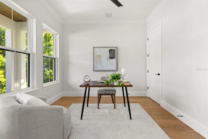 The Study/Bedroom 5 has ample space, a large walk-in closet with custom shelving as well as a beautifully finished full bathroom.