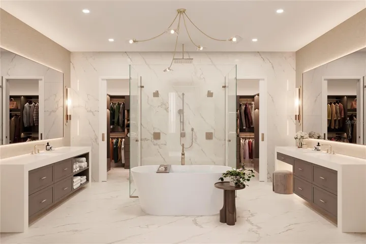 Primary bathroom offers dual water closets and sinks with built out closet space.  Renderings and plans are conceptual and provided for illustrative purposes only, with final design, materials, and specifications subject to change without notice.