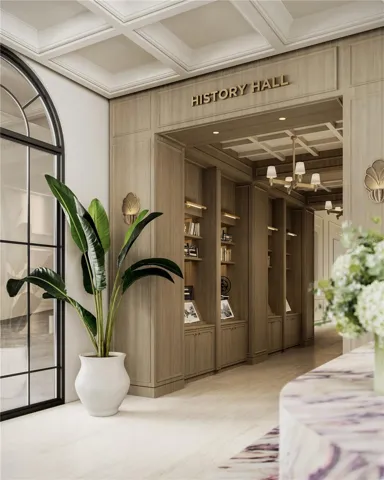 History Hall in the grand residential lobby showcasing antiques and one-of-a kind pieces celebrating Mira Mar's storied legacy.