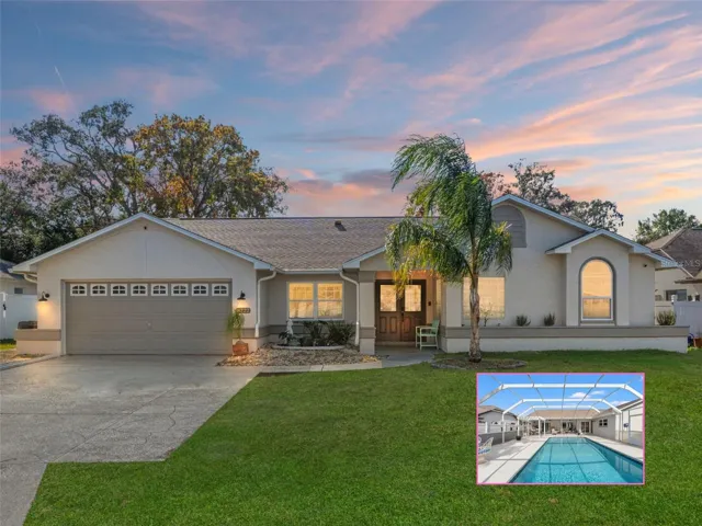 Twilight pic of home with inset of pool