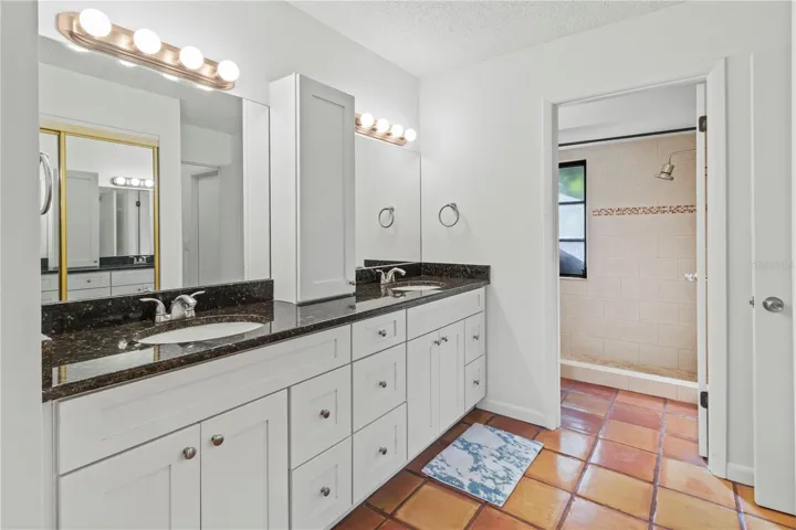 primary bathroom with dual sinks