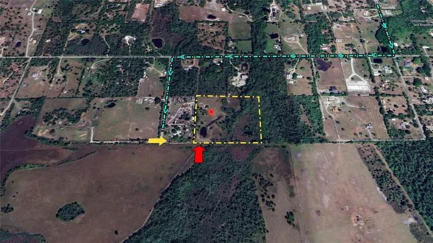Entrance road Looking Down Bishop from Entrance on Roy Berry Rd ( Yellow Arrow) looking down to where your Driveway will be ( Red Arrow)