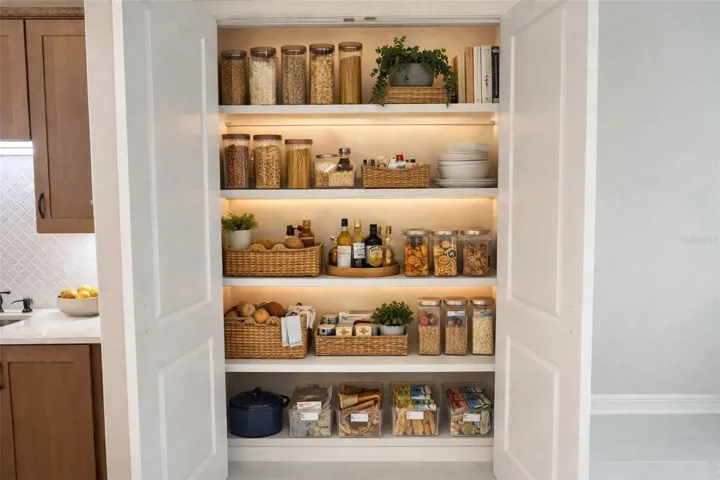 Spacious pantry with custom built-in shelving keeps everything beautifully organized and within easy reach.