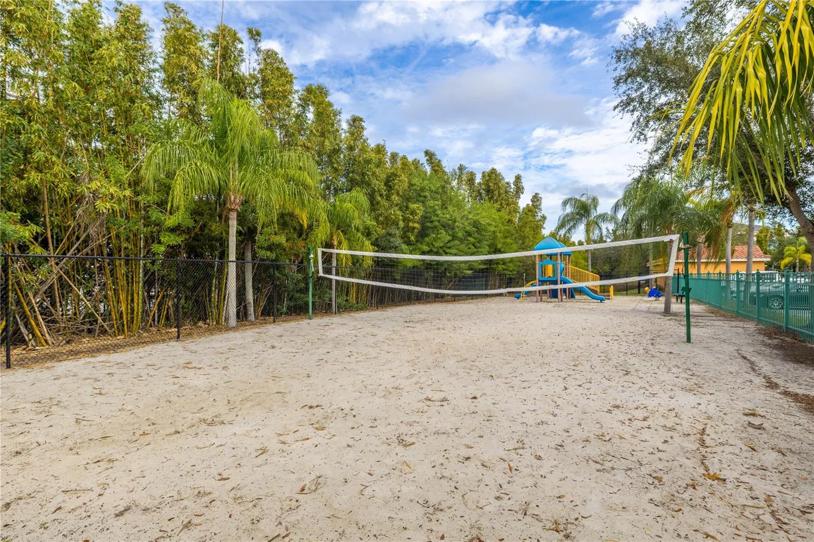 A ground view of the beach style volleyball court.
