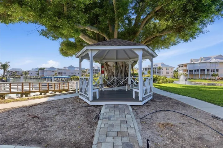 Gazebo area with seating while you wait for the ferry