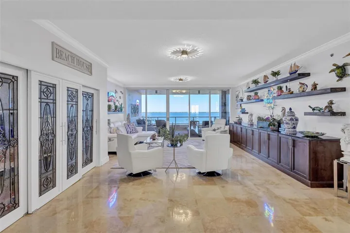 Custom closet with leaded  glass  crystal panels   Ample shelving and storage throughout unit