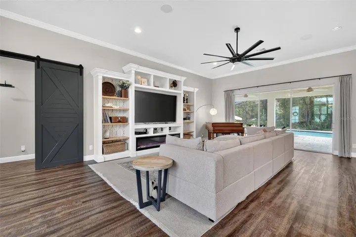 Built in entertainment system with speakers in the ceiling for surround sound