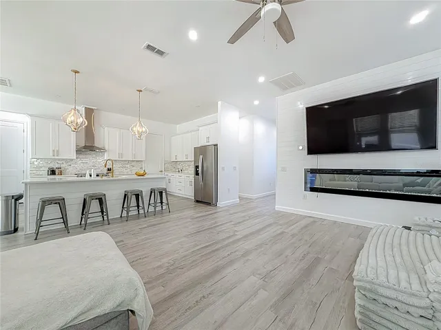 Built in, modern fireplace element.