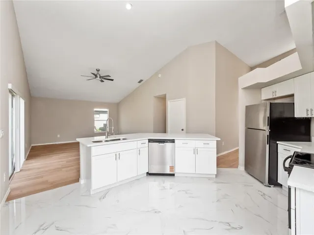 Kitchen to family room area and eating area