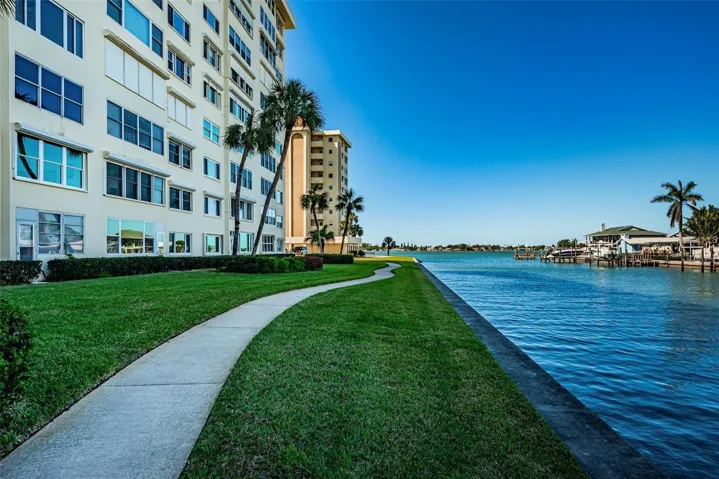 Back of building with waterfront walk way