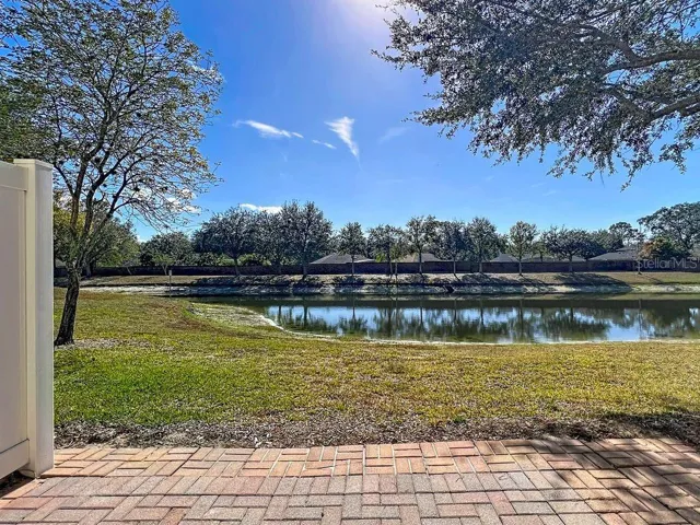 back patio with view of pond