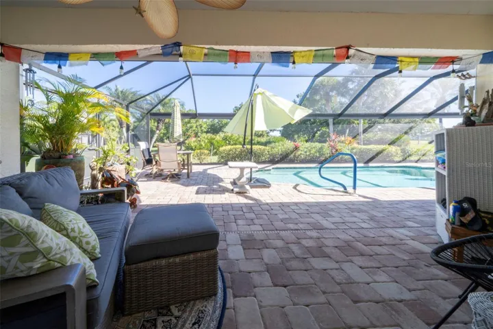 Pavered lanai, with plenty of cover from the sun.