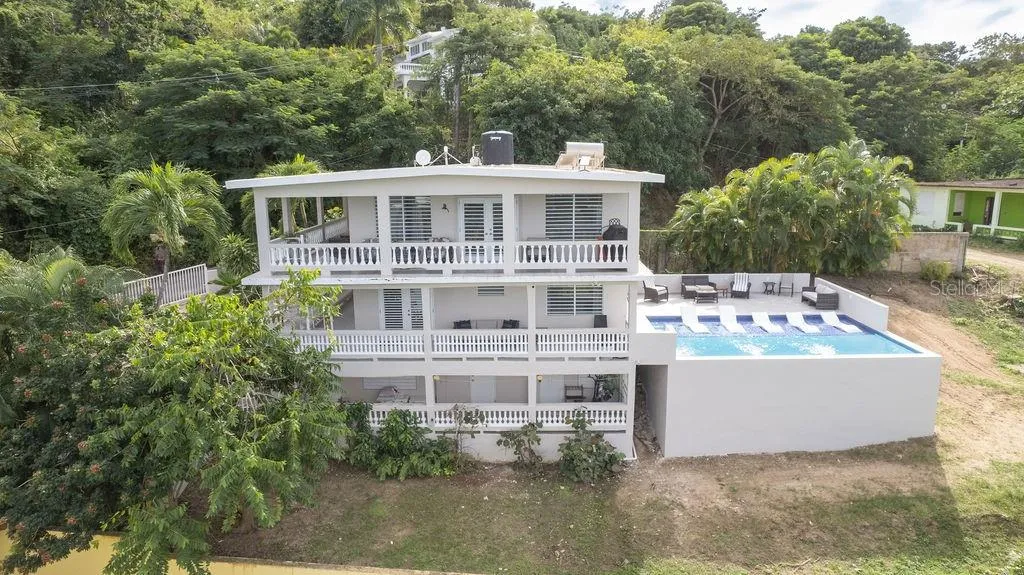 The front of the house with the entrance in the center of the top floor