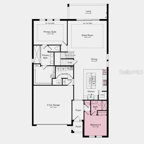 First Floor Plan - Additional highlights include: gourmet kitchen, tray ceilings, 8' interior doors throughout, pre-plumb for future laundry sink, rough-in plumbing for future outdoor kitchen, first floor guest suite with full bath in place of flex room, stainless steel apron front sink at kitchen, and a rain shower head with separate valve at primary bath