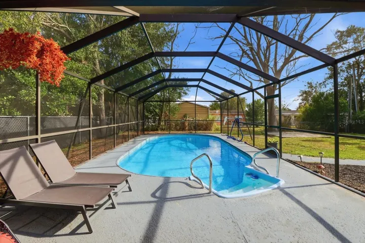 Screened-in Pool with view of backyard!