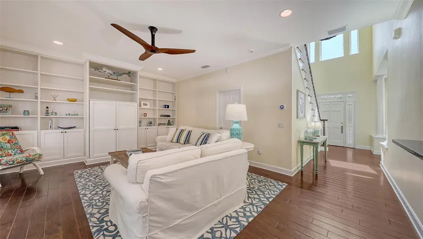 Family room with custom built ins
