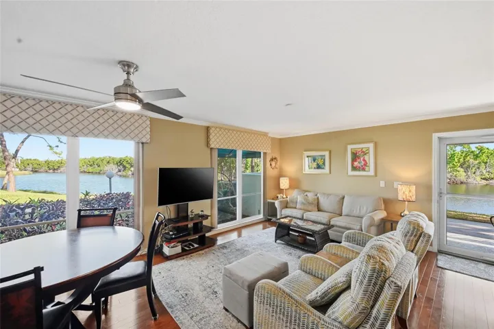 Living room overlooks the water from every window