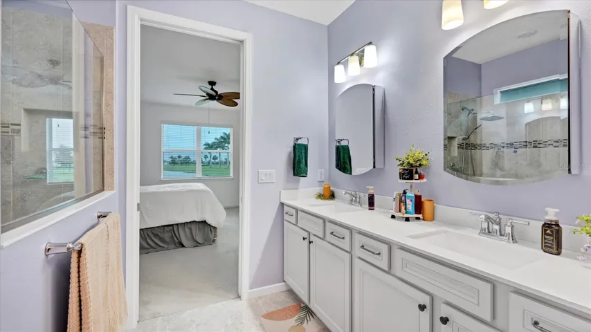 Primary bathroom with medicine cabinet mirrors and dual vanity sinks