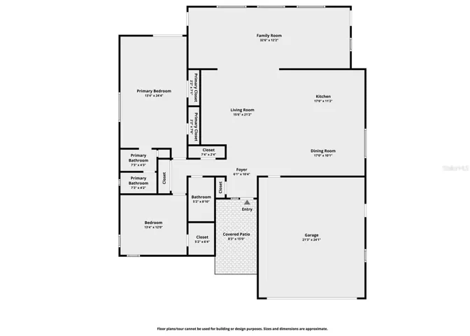 Floor plan with approximate room sizes.