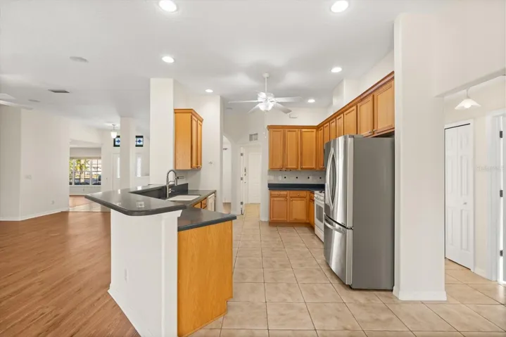 Kitchen view showcasing generous prep space
