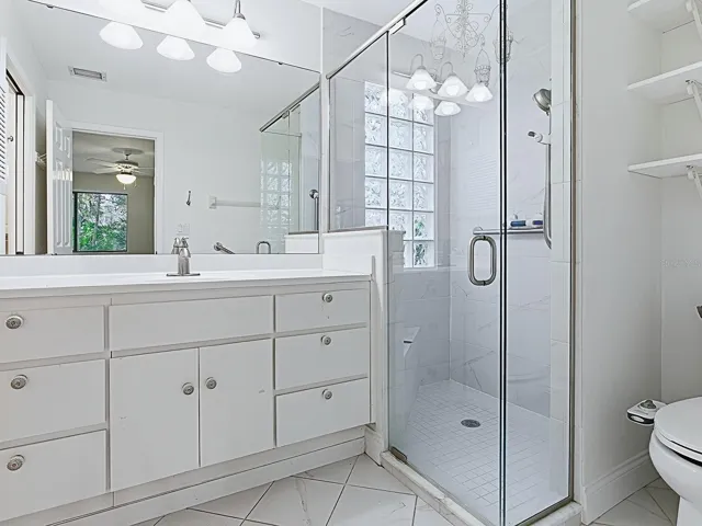 Primary bathroom with updated shower