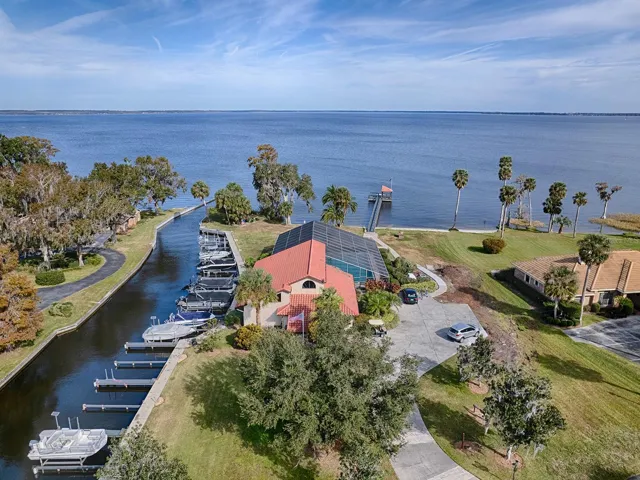 Aerial of community marina and clubhouse