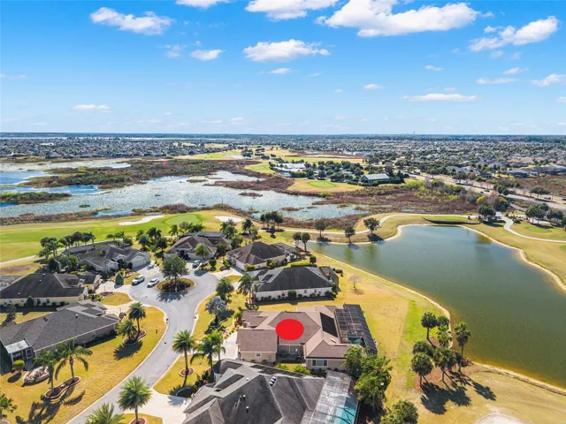 AERIAL looking South - showcasing the quiet cul-de-sac street (L), Evans Prairie (mid center L), Evans Prairie Golf & Country Club (back center R) & Buena Vista Blvd offering quick access to Brownwood Town Square (far R)