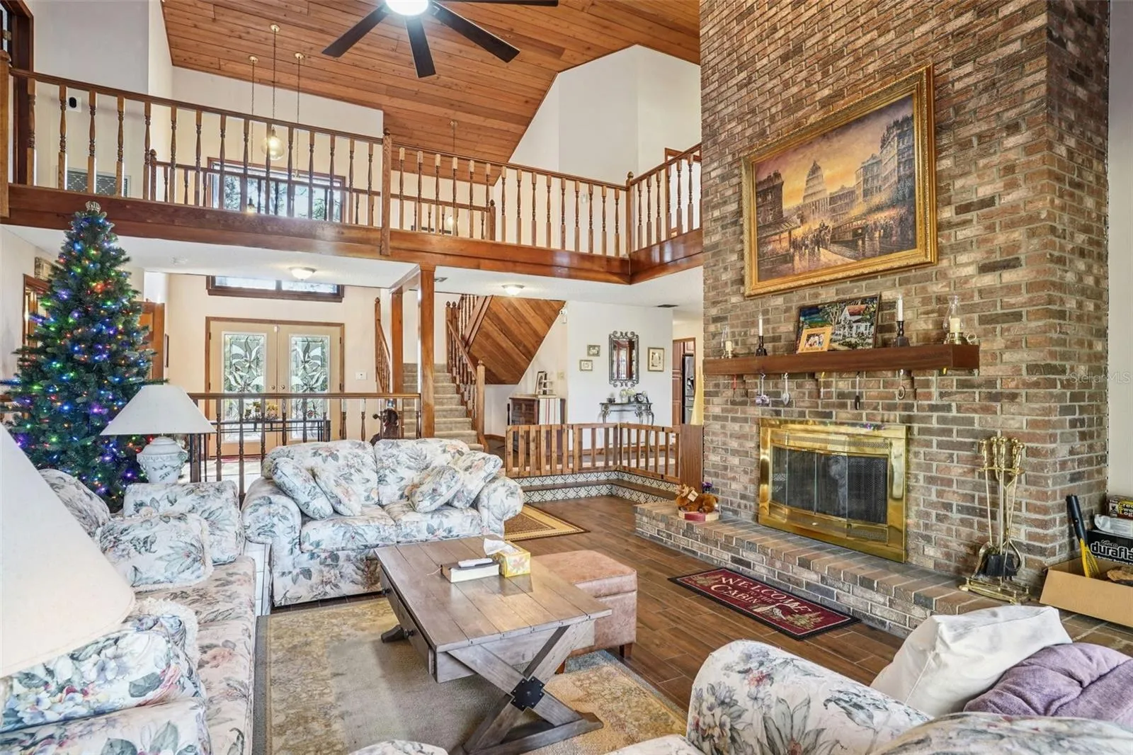 Full height brick wood-burning fireplace