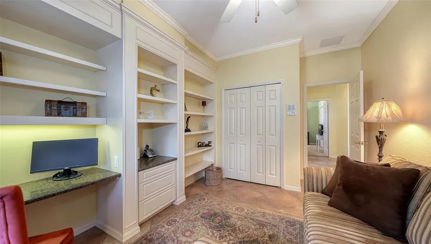 Great built-ins, tile floors, large closet.