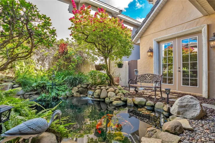 Tranquil koi pond with waterfall