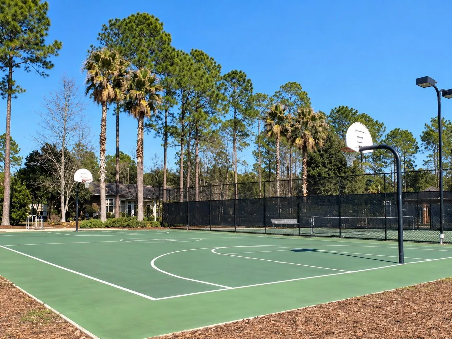 Community basketball court with sports field and lake behind it