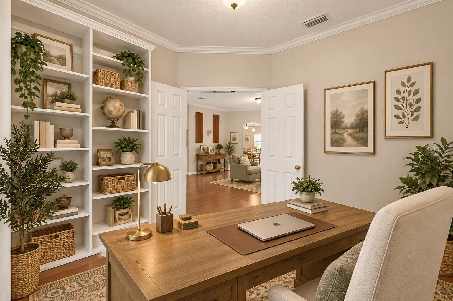 Home office off foyer, virtually staged