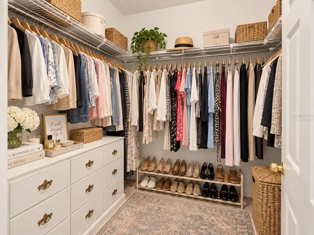 Primary spacious walk-in closet, virtually staged