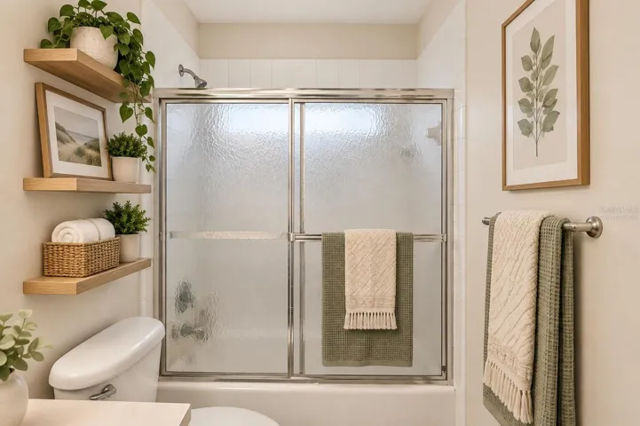 One of three bathrooms, virtually staged