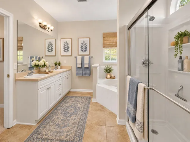 Double vanity primary bathroom, virtually staged