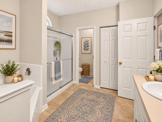 Spacious primary bathroom, virtually staged