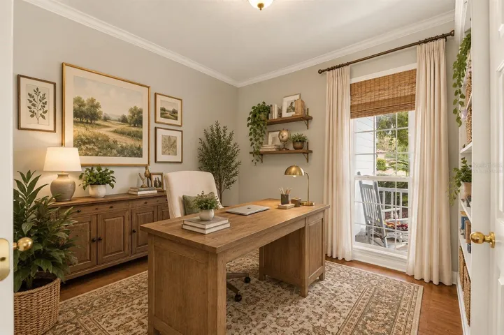 Home office off foyer with front yard view, virtually staged