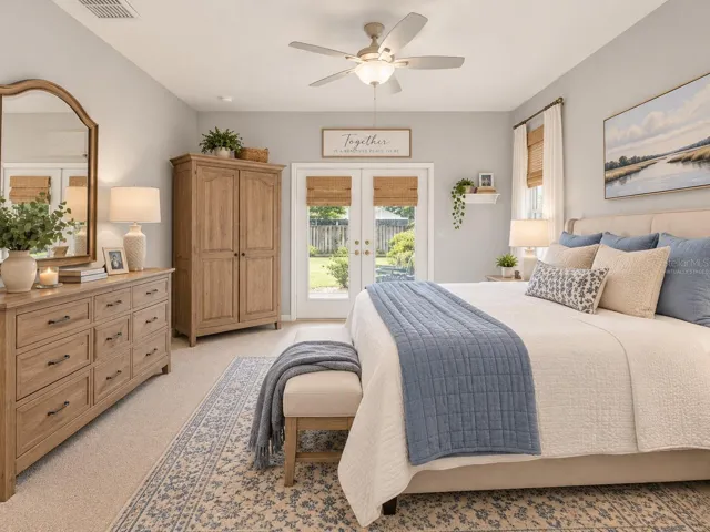 Primary bedroom has private entrance to back yard, virtually staged