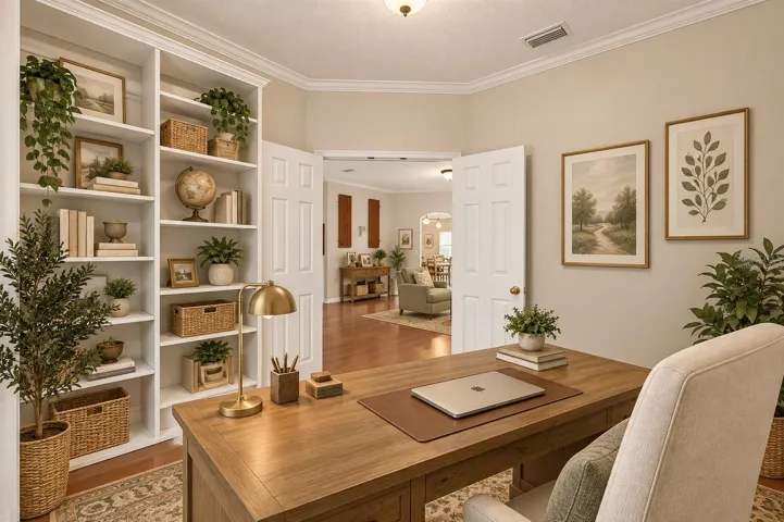 Home office off foyer, virtually staged