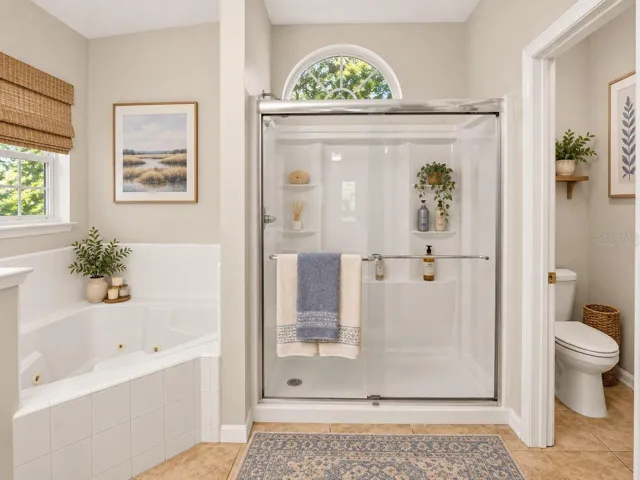 Soaking tub and separate shower in primary bathroom, virtually staged