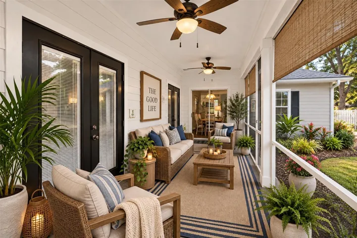 Covered lanai, virtually staged