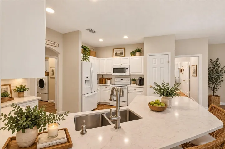 Large kitchen with plenty of counters, virtually staged