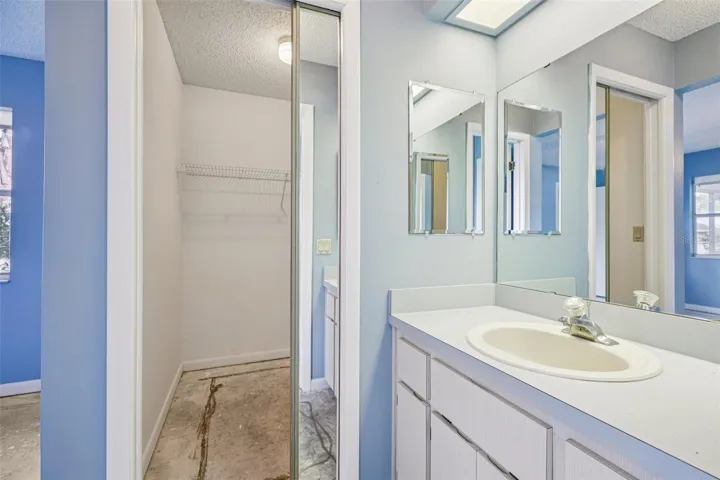 Primary room walk in closet and bathroom sink view.