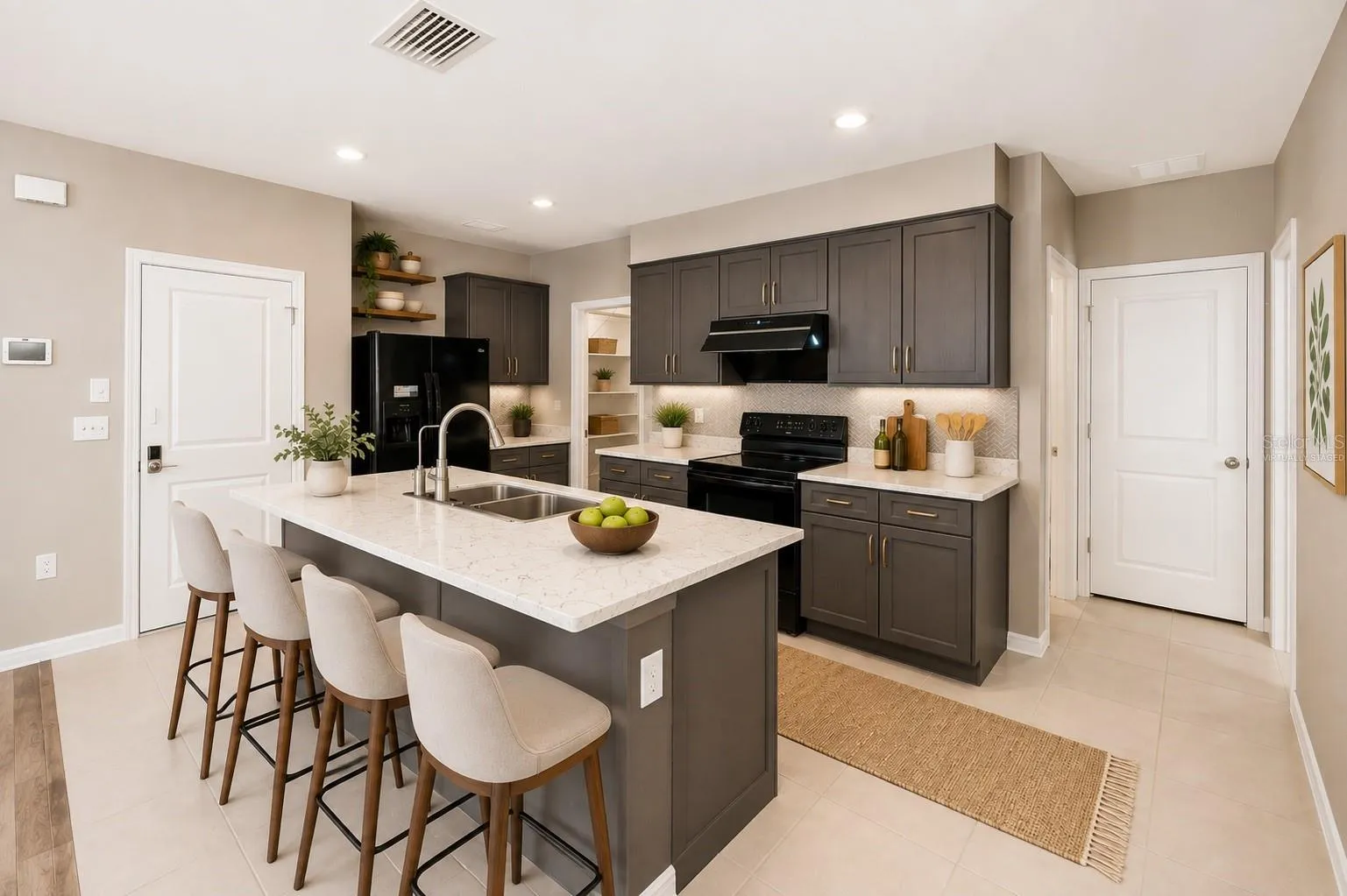 Virtually staged to showcase an alternative kitchen color package.