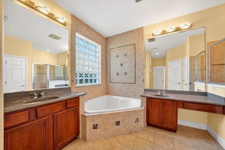 Main Floor Primary Bath with Dual Sinks, Walk-In Shower, Soak Tub and seperate Water Closet. Towel Closet also.
