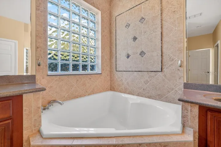 Main Floor Primary Bath with Dual Sinks, Walk-In Shower, Soak Tub and seperate Water Closet. Towel Closet also.