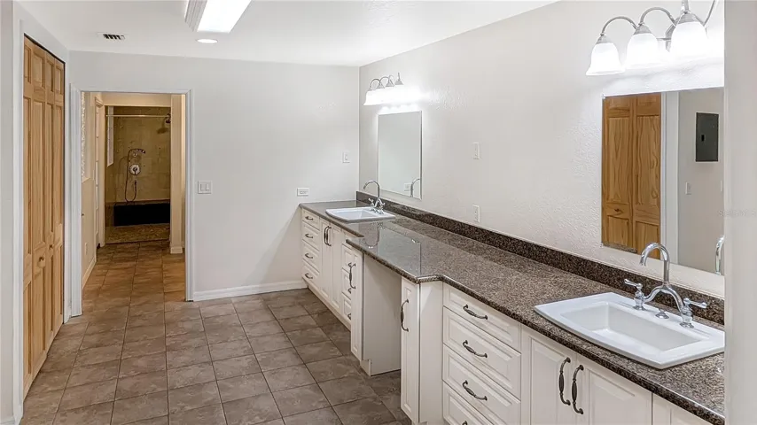 Master Bathroom, View #2 looking towards 2nd Room with THIRD Sink and Huge Walk-In Shower! | 30 Foot long, Three-Sinks Master Bath with a Tripled-Headed Walk-in Shower Nicer & BIGGER than many Gyms and Professional Spas!